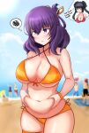  1girl absurdres ao_no_kiseki bare_shoulders belly belly_grab bikini blush breasts eiyuu_densetsu hair_ribbon hajimari_no_kiseki highres holding large_breasts obese ribbon rixia_mao sen_no_kiseki sen_no_kiseki_ii short_hair solo standing stormowl0 swimsuit weight_conscious weight_gain zero_no_kiseki 