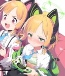  2girls absurdres bangs black_legwear blonde_hair blue_archive blue_neckwear blunt_bangs blush bow bra cat_ear_headphones closed_mouth controller couch dress_shirt flat_chest game_controller green_bow green_bra green_eyes hair_bow halo headphones highres holding holding_controller holding_game_controller jacket kandori midori_(blue_archive) momoi_(blue_archive) multiple_girls necktie open_clothes open_mouth open_shirt playing_games red_bow red_eyes school_uniform shirt short_hair siblings sisters sitting sweat tail twins underwear v-shaped_eyebrows 
