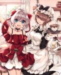  2girls :d apron armpits bangs bare_shoulders black_dress blue_eyes brown_hair chabatake choker closed_mouth cup cupcake curtains dress earrings food frilled_dress frills hair_between_eyes hair_over_one_eye hair_ribbon hand_up holding holding_tray homu_(honkai_impact) honkai_(series) honkai_impact_3rd indoors jewelry long_hair long_sleeves looking_at_viewer maid maid_apron maid_headdress multiple_girls open_mouth purple_eyes red_dress ribbon rita_rossweisse short_hair smile teacup teapot theresa_apocalypse tray white_hair window 