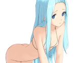  1girl ass bent_over bikini blue_eyes blue_hair bottomless covered_nipples granblue_fantasy highres long_hair looking_at_viewer lyria_(granblue_fantasy) micro_bikini shin_(shincrz) simple_background solo string_bikini swimsuit v_arms very_long_hair white_background white_bikini 