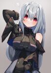  1girl ? arknights arm_behind_head ascot bangs bare_shoulders black_neckwear blush breasts closed_mouth commentary_request daifukumochi_(akaaokiiwo) eyebrows_visible_through_hair gradient gradient_background grey_background hair_between_eyes highres infection_monitor_(arknights) long_hair long_sleeves looking_at_viewer medium_breasts partial_commentary red_eyes silver_hair skadi_(arknights) solo speech_bubble spoken_question_mark underbust upper_body very_long_hair 