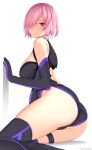  1girl arind_yudha ass bangs bare_shoulders black_legwear black_leotard blush breasts elbow_gloves fate/grand_order fate_(series) gloves hair_over_one_eye highleg highleg_leotard highres large_breasts leotard light_purple_hair looking_at_viewer mash_kyrielight purple_eyes purple_gloves short_hair smile solo thigh_strap thighhighs thighs 