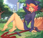  1girl amanda_o&#039;neill arm_behind_head arm_support arm_up bare_legs barefoot blue_dress blue_headwear bottomless breasts broom commentary dress english_commentary feet from_side full_body grass green_eyes hat knee_up little_witch_academia long_sleeves looking_at_viewer medium_breasts open_mouth orange_hair outdoors short_eyebrows short_hair signature sitting soles solo squeezable_(artist) thick_eyebrows toes tree v-shaped_eyebrows witch_hat 