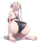  1girl ass ass_focus back bangs bare_arms bare_legs bare_shoulders barefoot blonde_hair blush breasts commentary_request competition_swimsuit eyebrows_visible_through_hair feet from_behind graf_zeppelin_(kancolle) grey_eyes highleg highleg_swimsuit highres kantai_collection kneeling large_breasts looking_at_viewer looking_back multicolored multicolored_clothes multicolored_swimsuit one-piece_swimsuit open_mouth rokuwata_tomoe simple_background soles solo swimsuit toes twintails two-tone_swimsuit white_background 