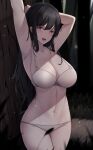  1girl armpits arms_up bangs bikini black_hair blush breasts cleavage ddangbi forest grey_eyes highres korean_commentary large_breasts long_hair looking_at_viewer nature navel open_mouth original solo stomach straight_hair swimsuit tree upper_body white_bikini 