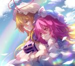  2girls arm_garter bangs blonde_hair blue_kimono chiroru_(cheese-roll) cloud eyebrows_visible_through_hair hair_between_eyes hat hat_ribbon japanese_clothes kimono long_hair long_sleeves looking_to_the_side mob_cap multiple_girls pink_eyes pink_hair rainbow rainbow_gradient ribbon saigyouji_yuyuko short_hair smile tabard touhou triangular_headpiece wide_sleeves yakumo_yukari yellow_eyes yuri 