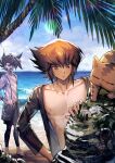  2boys alternate_costume aoki_(fumomo) bangs bare_pectorals beach black_hair black_male_swimwear brown_hair cat day hair_between_eyes highres legskin light_brown_hair long_sleeves looking_at_another male_focus male_swimwear manjoume_jun multicolored_hair multiple_boys nipples open_clothes open_shirt pectorals sand short_hair shouting sidelocks spiked_hair sun sunglasses sunlight toned toned_male tree two-tone_hair water yu-gi-oh! yu-gi-oh!_gx yuuki_juudai 