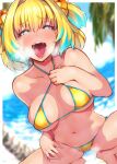  +_+ 1girl amo_takumi bangs beach bikini blonde_hair blue_eyes blue_hair blurry blurry_background blush bombergirl breasts breath collarbone commentary_request day depth_of_field dutch_angle eyebrows_visible_through_hair grenade_hair_ornament halterneck highres large_breasts looking_at_viewer multicolored_hair naughty_face navel nose_blush open_mouth outdoors pine_(bombergirl) saliva short_hair solo spread_legs squatting swimsuit symbol-shaped_pupils tongue tongue_out two-tone_hair yellow_bikini yellow_pupils 
