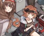  2girls :o angelina_(arknights) arknights bangs black_shorts brown_eyes brown_hair brown_jacket brown_shirt cabinet croissant_(arknights) exion_(neon) floor fur-trimmed_jacket fur_trim grey_jacket grin hair_between_eyes holding horns jacket long_hair long_sleeves looking_at_viewer multiple_girls on_floor open_mouth orange_hair ponytail shirt shorts sitting sleeveless smile teeth toolbox tools twintails yellow_eyes 