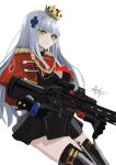  1girl assault_rifle black_gloves black_legwear black_skirt boots breasts capelet chaciooh cleavage commentary cowboy_shot crown epaulettes facial_mark foregrip girls&#039;_frontline gloves green_eyes gun h&amp;k_hk416 hair_ornament highres hk416_(girls&#039;_frontline) holding holding_gun holding_weapon large_breasts long_hair looking_at_viewer official_alternate_costume red_capelet rifle signature silver_hair skirt solo thigh_boots thighhighs trigger_discipline weapon white_background 