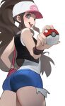  1girl ass bag baseball_cap black_vest blue_eyes brown_hair cutoffs denim denim_shorts english_commentary exposed_pocket hat high_ponytail highres hilda_(pokemon) holding holding_poke_ball hood_(james_x) long_hair looking_at_viewer looking_back one_eye_closed poke_ball pokemon pokemon_(game) pokemon_bw shirt short_shorts shorts shoulder_bag sidelocks sleeveless sleeveless_shirt solo standing tank_top tongue tongue_out vest white_background white_shirt wristband 