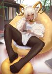  1girl animal_ear_fluff animal_ears arknights bangs bare_shoulders bean_bag_chair beeswax_(arknights) beeswax_(weisser_sand)_(arknights) beeswax_(weisser_sand)_(arknights)_(cosplay) black_legwear book breasts cardigan carnelian_(arknights) closed_mouth commentary cosplay dark-skinned_female dark_skin english_commentary eyebrows_visible_through_hair feet full_body goat_ears goat_girl goat_horns hand_on_own_cheek hand_on_own_face hand_on_own_stomach highres horns indoors knee_up legs long_sleeves looking_at_viewer lying medium_breasts nev_(nevblindarts) no_shoes off_shoulder on_back open_cardigan open_clothes pantyhose plant puffy_long_sleeves puffy_sleeves red_eyes shirt short_hair sleeveless sleeveless_shirt solo thighband_pantyhose white_cardigan white_hair white_shirt 