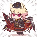  1girl anchor animal_ear_fluff animal_ears azur_lane bell bismarck_(azur_lane) brown_collar cape chibi collar expressionless eyebrows_visible_through_hair flag fox_ears fox_girl fur_collar fur_trim hair_bun hat highres jingle_bell kemomimi-chan_(naga_u) military military_coat military_hat military_uniform neck_bell pink_eyes red_cape simple_background sleeves_past_fingers sleeves_past_wrists solo tagme uniform weapon white_background wwwhos 