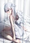  1girl ahoge barefoot blue_eyes cage chain chained commentary dress feathered_wings head_wings highres in_cage light_rays long_hair original sideways_glance sitting soles solo strapless strapless_dress transparent umou_(may65879) wariza white_dress white_hair white_wings wings 