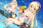  2girls :d absurdres ahoge albacore_(azur_lane) anklet arm_support armband azur_lane bangs bare_shoulders barefoot bikini bird black_bikini black_gloves blonde_hair blue_gloves blush_stickers breasts cavalla_(azur_lane) chick closed_mouth collarbone commentary_request crossed_bangs elbow_gloves eyebrows_visible_through_hair fang fingerless_gloves food full_body gloves goggles goggles_on_head green_eyes groin hair_between_eyes hair_ornament halterneck headphones highres holding holding_food holding_spoon ice_cream jewelry licking long_hair looking_at_viewer loose_bikini makina9696 manjuu_(azur_lane) multiple_girls navel ocean open_mouth parted_bangs partial_commentary partially_submerged ponytail popsicle scouter shadow sidelocks sitting small_breasts smile soaking_feet sparkle spoon star_(symbol) star_cutout star_in_eye stomach striped striped_bikini submarine swimsuit symbol_in_eye thick_eyebrows two-tone_gloves very_long_hair watercraft white_bikini wristband 