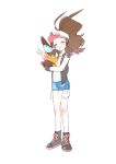  1girl antenna_hair baseball_cap black_vest blue_shorts blush body_blush boots bow brown_hair closed_eyes commentary_request denim denim_shorts gen_5_pokemon hagetapo hat high_ponytail hilda_(pokemon) holding holding_pokemon knees long_hair pokemon pokemon_(creature) pokemon_adventures shirt short_shorts shorts sidelocks sleeveless sleeveless_shirt smile standing tepig vest white_(pokemon) white_shirt wristband 