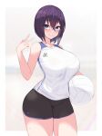  1girl ball bangs black_hair breasts breath crossed_bangs gym_shorts heart heart-shaped_pupils heavy_breathing highres kuavera large_breasts miyako_(kuavera) mole mole_under_mouth multicolored_hair original purple_hair shirt shorts simple_background sleeveless sleeveless_shirt sportswear streaked_hair symbol-only_commentary symbol-shaped_pupils v volleyball volleyball_uniform 