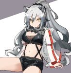  1girl animal_ears arknights bangs black_shirt black_shorts breasts cat_ears cleavage closed_mouth earrings exion_(neon) grey_background grey_hair hair_between_eyes invisible_chair jacket jewelry long_hair long_sleeves looking_at_viewer navel ponytail schwarz_(arknights) shirt shorts simple_background sitting solo two-tone_background white_jacket yellow_eyes 