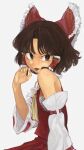  1girl :3 bangs benikurage_(cookie) bow breasts brown_eyes brown_hair claw_pose commentary_request cookie_(touhou) cowboy_shot detached_sleeves fangs frilled_bow frilled_hair_tubes frills hair_bow hair_tubes hakurei_reimu highres looking_at_viewer medium_hair necktie open_mouth parted_bangs red_bow red_shirt red_skirt ribbon-trimmed_sleeves ribbon_trim sarashi shirt simple_background skirt sleeveless sleeveless_shirt small_breasts solo tongue tongue_out touhou white_background white_sleeves yellow_neckwear yma 