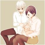  1boy 2girls :d baby bangs blush breastfeeding brown_pants brown_skirt collared_shirt commentary_request eyebrows_visible_through_hair facial_mark family father_and_daughter feet_out_of_frame from_side highres husband_and_wife kaneki_ichika kaneki_ken kirishima_touka long_sleeves mother_and_daughter multiple_girls open_mouth outline pants pantyhose shirt short_hair simple_background sitting skirt smile tokyo_ghoul tokyo_ghoul:re toukaairab white_hair white_outline white_shirt 