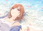  1girl absurdres bangs beach brown_hair camisole closed_mouth collarbone hand_up hechima_(issindotai) highres long_sleeves lying medium_hair ocean on_back original petals purple_eyes purple_shirt shirt smile solo water white_camisole 