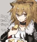  1girl animal_ears arknights bangs black_jacket blonde_hair breasts cake cake_slice cleavage collar eating exion_(neon) food food_in_mouth food_on_face fur-trimmed_jacket fur_trim grey_background hair_between_eyes happy_birthday holding holding_food holding_plate jacket lion_ears lion_girl long_hair plate ponytail shirt siege_(arknights) simple_background solo white_shirt yellow_eyes 