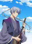  1boy absurdres blue_eyes blue_sky brown_hakama cloud hakama highres ikeda_tsuneoki_(kochoki) japanese_clothes katana kawai_masaki kochoki:_wakaki_nobunaga long_hair male_focus ponytail profile sheath silver_hair sky solo sword upper_body weapon 