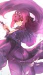  1girl ass breasts cleavage dress fate/grand_order fate_(series) feather_trim fur-trimmed_dress fur_trim highres holding holding_wand large_breasts long_hair long_sleeves looking_back pantyhose purple_dress purple_hair red_eyes sayo_(sayomayos) scathach_(fate)_(all) scathach_skadi_(fate) solo tiara wand 