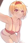 1girl :3 bangs blonde_hair blush bra breasts cleavage collarbone commentary_request djeeta_(granblue_fantasy) feet_out_of_frame granblue_fantasy hair_intakes hairband kona_(soyakimi) lace-trimmed_bra lace-trimmed_panties lace_trim looking_at_viewer medium_breasts panties reaching_out red_bra red_panties selfie short_hair simple_background solo underwear white_background yellow_eyes 