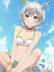  1girl animal_ears bikini blue_eyes bottle choker grin hair_ornament hairclip highres horse_ears horse_girl horse_tail navel nut_megu seiun_sky_(umamusume) short_hair signature silver_hair sitting smile swimsuit tail umamusume water_bottle 