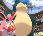  :d blue_eyes blush bulbasaur closed_eyes cloud commentary_request day fangs fangs_out fouinar from_below gen_1_pokemon grass heart holding open_mouth outdoors pikachu pokemon pokemon_(creature) sky smile snorlax stadium tongue wigglytuff 