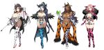  4girls absurdres animal_ears animal_print arm_up bangs bell black_hair blue_eyes blue_hair boots braid breasts brown_hair cape capelet cleavage commentary_request cow_ears cow_horns dark_skin dress elbow_gloves full_body fur_trim garter_straps gloves hair_ornament halterneck hand_up high_heels highleg highleg_leotard highres holding holding_weapon horns large_breasts leotard lips lipstick long_hair makeup mole mole_on_body mole_on_breast mole_under_eye mole_under_mouth multicolored_hair multiple_girls navel neck_bell o-ring orange_hair original pantyhose pelvic_curtain pink_hair red_eyes revealing_clothes senri_gan shiny shiny_clothes shiny_hair shiny_skin short_dress short_hair simple_background smile stomach thigh_boots thighhighs thighs tied_hair two-tone_hair weapon white_hair 