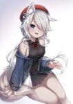  1girl 9a-91_(girls&#039;_frontline) animal_ear_fluff animal_ears animal_hands bare_shoulders beret black_shirt black_skirt blue_eyes blue_jacket blush breasts commentary costume_request fang feet_out_of_frame furrification furry furry_female girls&#039;_frontline grey_hair hair_over_one_eye hat highres jacket long_hair looking_at_viewer medium_breasts neck_ribbon off_shoulder official_alternate_costume open_clothes open_jacket open_mouth red_headwear red_ribbon ribbon shirt simple_background sitting skirt solo tail two-tone_skirt umou_(may65879) white_background white_skirt 