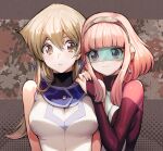  2girls aoki_(fumomo) bangs blonde_hair bodysuit breasts cyber_tutu duel_academy_uniform_(yu-gi-oh!_gx) duel_monster eyebrows_visible_through_hair floral_background hair_between_eyes hairband hand_on_another&#039;s_shoulder large_breasts long_hair multiple_girls open_mouth pink_bodysuit pink_eyes pink_hair short_hair sleeveless smile tenjouin_asuka yellow_eyes yu-gi-oh! yu-gi-oh!_gx 