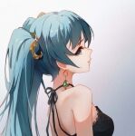  1girl bangs bare_shoulders black_dress blue_eyes blue_hair breasts closed_mouth commentary_request dress earrings from_side gradient gradient_background grey_background hair_ornament hatsune_miku jewelry long_hair looking_at_viewer looking_to_the_side medium_breasts profile sideways_glance sleeveless sleeveless_dress smile solo spica-sh twintails upper_body vocaloid 