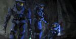  3boys blood corpse dog_tags english_commentary gun halo_(game) helmet highres holding holding_gun holding_weapon male_focus multiple_boys plasma_pistol power_armor rythayze science_fiction sketch spartan_(halo) submachine_gun unfinished visor walking weapon 