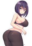  1girl ass bangs bare_shoulders black_pants black_sports_bra blue_hair blush breasts breath crop_top crossed_bangs heart heart-shaped_pupils heavy_breathing kuavera large_breasts looking_at_viewer looking_back miyako_(kuavera) mole mole_under_mouth multicolored_hair original pants purple_hair simple_background skindentation sports_bra sportswear streaked_hair symbol-shaped_pupils yoga_pants 