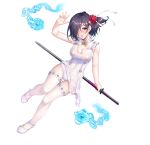  1girl black_hair blue_fire breasts cleavage commentary_request covered_nipples dress eyebrows_visible_through_hair fire flower full_body hair_flower hair_ornament hair_over_one_eye highres holding holding_sheath holding_sword holding_weapon katana large_breasts looking_at_viewer no_bra open_mouth panties sano_toshihide scabbard see-through sheath shoes short_hair simple_background sleeveless solo sword taimanin_rpgx thighhighs tongue underwear weapon wet white_background zol 