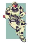  1boy assault_rifle border burnt_tempe commission green_background gun halo_(game) halo_infinite highres holding holding_gun holding_weapon invisible_chair male_focus power_armor rifle science_fiction sitting solo spartan_(halo) visor weapon white_border 