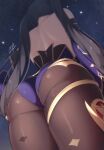  1girl ass ass_focus back black_hair detached_sleeves from_behind from_below genshin_impact highres leotard long_hair mona_(genshin_impact) night night_sky no_capelet no_hat no_headwear pantyhose purple_leotard purple_sleeves samegami signature sky solo sparkle_print star_(sky) starry_sky thighlet thighs twintails very_long_hair 