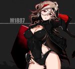  1girl ahoge black_gloves black_jacket breasts brown_hair character_name cleavage cleavage_cutout clothing_cutout commentary_request cowboy_shot earrings fingerless_gloves girls&#039;_frontline gloves hair_between_eyes hand_to_head highres jacket jewelry large_breasts leotard looking_at_viewer m1887_(girls&#039;_frontline) multicolored_hair open_clothes open_jacket red_eyes red_hair ryuu_tou solo streaked_hair 
