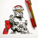  commission english_commentary graphite_(medium) halo_(game) halo_infinite highres ink_(medium) mechanical_pencil pen pencil photo_(medium) power_armor sam_art_tha science_fiction signature spartan_(halo) spot_color traditional_media upper_body visor white_background 