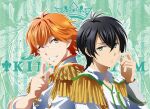  2boys absurdres black_hair commentary_request epaulettes eyebrows_visible_through_hair eyes_visible_through_hair glasses green_eyes grin hair_between_eyes highres juuouin_kakeru kawai_masaki king_of_prism_by_prettyrhythm kougami_taiga male_focus multiple_boys one_eye_closed orange_hair pointing pretty_(series) pretty_rhythm smile yellow_eyes 