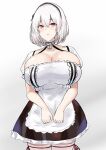  1girl absurdres anchor_choker azur_lane breasts cleavage dress eyebrows_visible_through_hair highres huge_breasts lace-trimmed_hairband lace_trim looking_at_viewer maid maid_headdress negi_seijin red_eyes short_hair sirius_(azur_lane) standing thighhighs white_background white_dress white_hair 