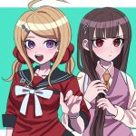  2girls :d akamatsu_kaede akamatsu_kaede_(cosplay) bangs blonde_hair blush breasts brown_hair collarbone commentary_request cosplay costume_switch danganronpa_(series) danganronpa_v3:_killing_harmony esu_(tasoesu) frown green_background hair_ornament hair_scrunchie hairclip harukawa_maki harukawa_maki_(cosplay) highres holding holding_hair long_hair looking_at_viewer low_twintails medium_breasts mole mole_under_eye multiple_girls musical_note_hair_ornament necktie open_mouth pink_vest red_eyes red_shirt scrunchie shiny shiny_hair shirt short_twintails smile twintails upper_body upper_teeth vest white_background white_shirt 