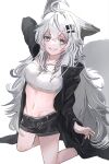  1girl animal_ears arknights arm_up bandeau bare_legs black_coat black_shorts coat collarbone commentary eyebrows_visible_through_hair grey_eyes hair_ornament hairclip highres kneeling lappland_(arknights) long_hair long_sleeves looking_at_viewer midriff nanaponi open_clothes open_coat parted_lips scar scar_across_eye sharp_teeth shorts silver_hair simple_background smile solo strapless tail teeth tubetop white_background white_bandeau white_tubetop wolf_ears wolf_girl wolf_tail 