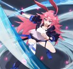  1girl animal_ears bangs black_gloves black_jacket blue_footwear boots exion_(neon) fox_ears full_body gloves hair_between_eyes hair_ornament holding holding_sword holding_weapon honkai_(series) honkai_impact_3rd jacket katana long_hair looking_at_viewer open_mouth petals pink_hair purple_eyes see-through_shirt sheath sheathed shirt short_sleeves single_glove single_thighhigh solo sword thighhighs v-shaped_eyebrows weapon white_legwear white_shirt yae_sakura yae_sakura_(goushinnso_memento) 