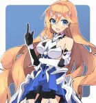  :d armor armored_dress bangs bare_shoulders bianka_durandal_ataegina bianka_durandal_ataegina_(bright_knight:_excelsis) blonde_hair blue_background blue_eyes border dress earrings exion_(neon) gauntlets hair_between_eyes hair_ornament honkai_(series) honkai_impact_3rd index_finger_raised jewelry long_hair looking_at_viewer open_mouth simple_background sleeveless sleeveless_dress smile 