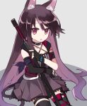  1girl :o animal_ears arknights asymmetrical_gloves bangs black_gloves black_legwear cat_ears dress exion_(neon) fingerless_gloves gloves grey_background hair_between_eyes holding holding_sword holding_weapon katana long_hair looking_at_viewer melantha_(arknights) open_mouth purple_dress purple_eyes purple_hair seiza sheath sheathed short_sleeves simple_background sitting solo sword thighhighs uneven_gloves weapon 