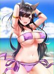  1girl :d animal_ears armpits arms_behind_head arms_up atago_(azur_lane) azur_lane bare_shoulders beach bikini black_choker black_hair breasts choker cleavage collarbone cosplay cowboy_shot day eyepatch fate/grand_order fate_(series) gold_trim highres kagiyama_(clave) large_breasts minamoto_no_raikou_(fate) minamoto_no_raikou_(swimsuit_lancer)_(fate) minamoto_no_raikou_(swimsuit_lancer)_(fate)_(cosplay) mole mole_under_eye navel open_mouth outdoors purple_bikini side-tie_bikini skindentation smile solo stomach string_bikini swimsuit wet yellow_eyes 